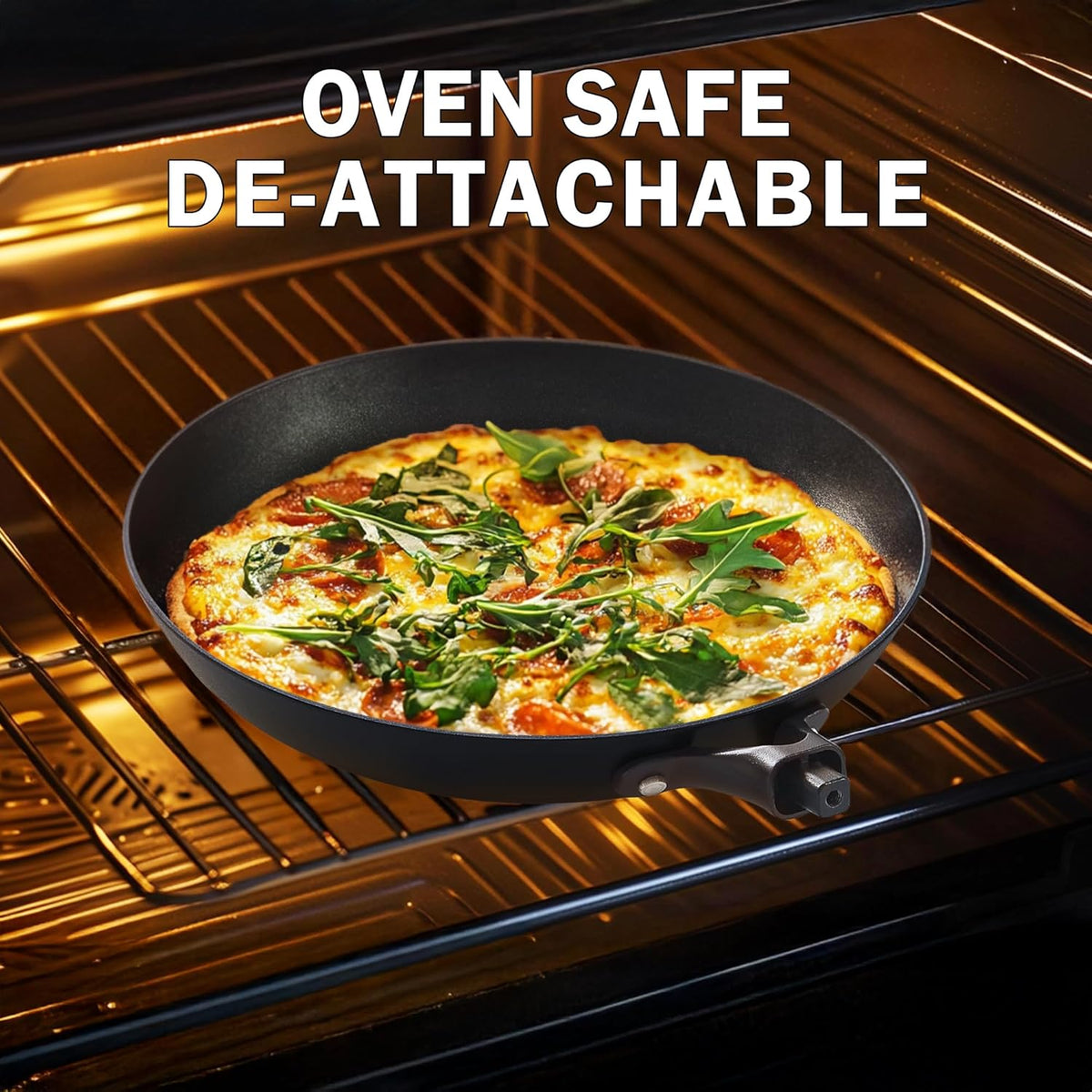 DM Cast Iron Skillet, 10 Inch Nonstick Frying Pan with Detachable Acacia Wooden Handle, Honeycomb Non stick Omelet Egg Pan, Easy Clean Oven Safe Pans for Cooking