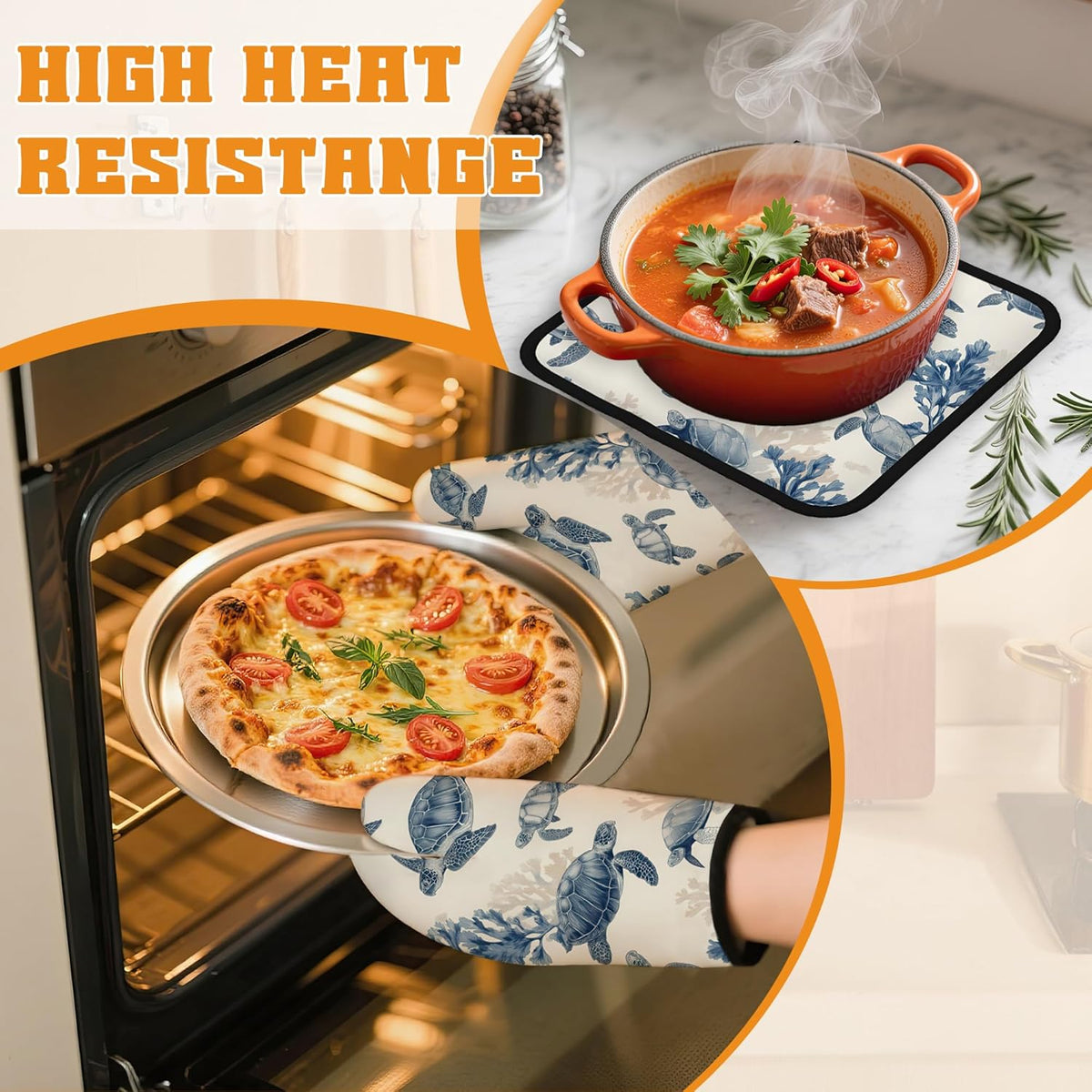 Turtle Coral Oven Mitts and Pot Holders Set,Kitchen Oven Gloves and Pot Holder with Heat Resistant Non Slip for Cooking Baking Grilling(4 Piece Set)