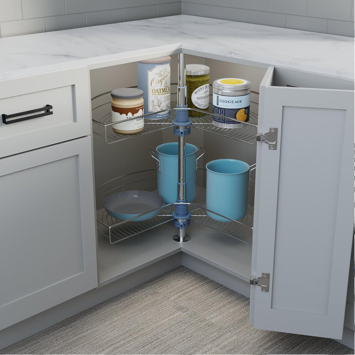 Dowell 28" Kidney Lazy Susan, 2 Shelves, Kitchen Base Corner Cabinet Organizer (Chrome 4001 270 28)