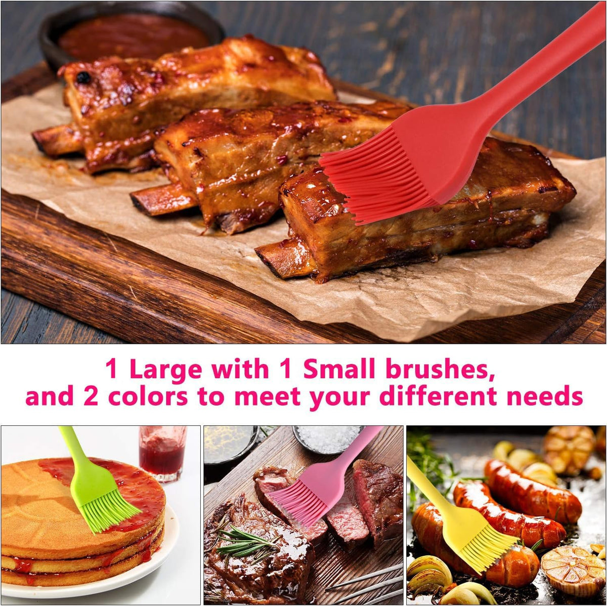 Silicone Basting Pastry Brush Set 2 Pack Heat Resistant Spread Oil Butter Sauce for BBQ Grill Barbeque Kitchen Baking Cooking Pastries, 1 Large & 1 Small