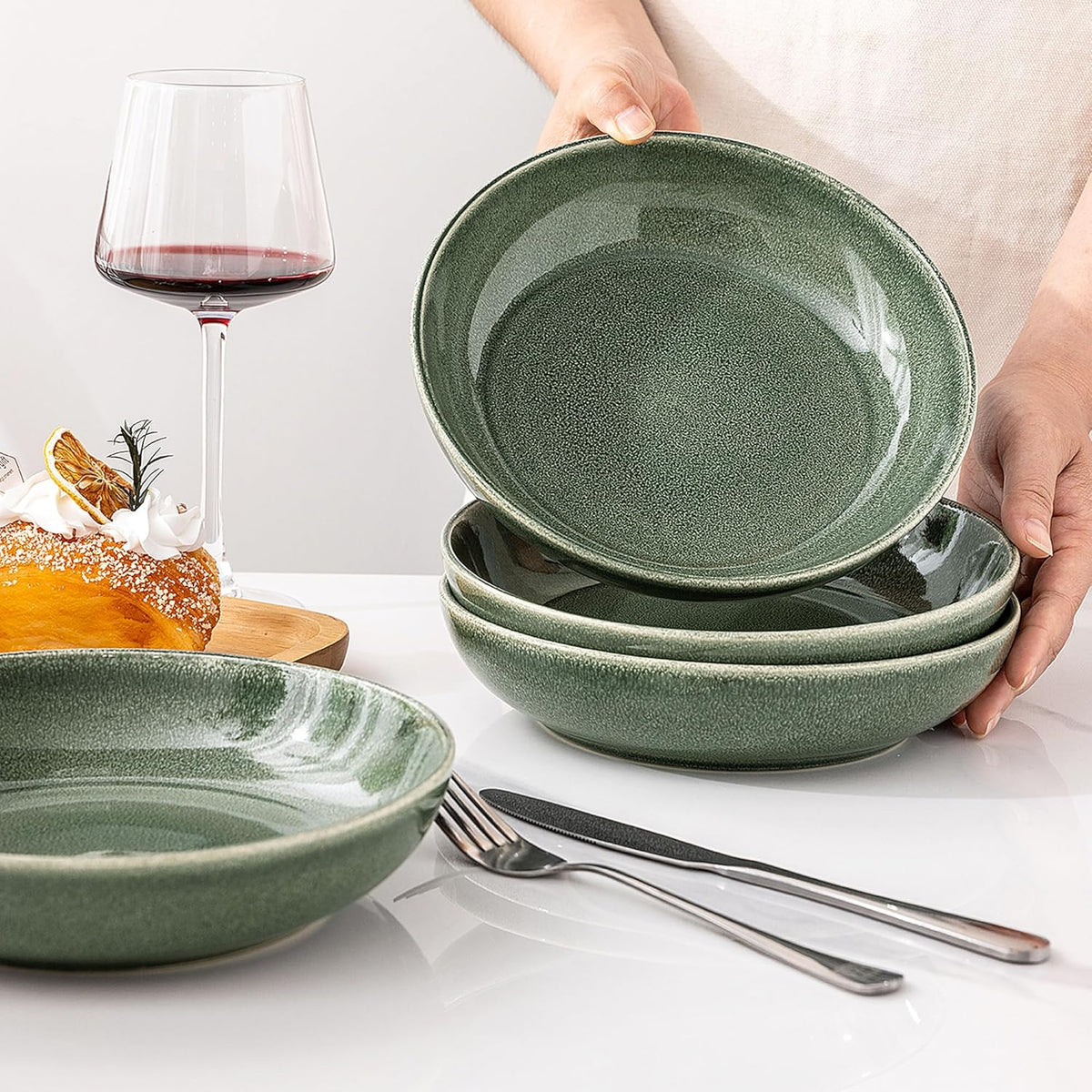 AmorArc 8.5'' Large Ceramic Pasta Bowls Set, 36oz Stoneware Bowls Set of 6 for Kitchen, Reavtive Glaze Bowls-Microwave,Dishwasher Safe-for Pasta,Salad,Oatmeal-Jade Green