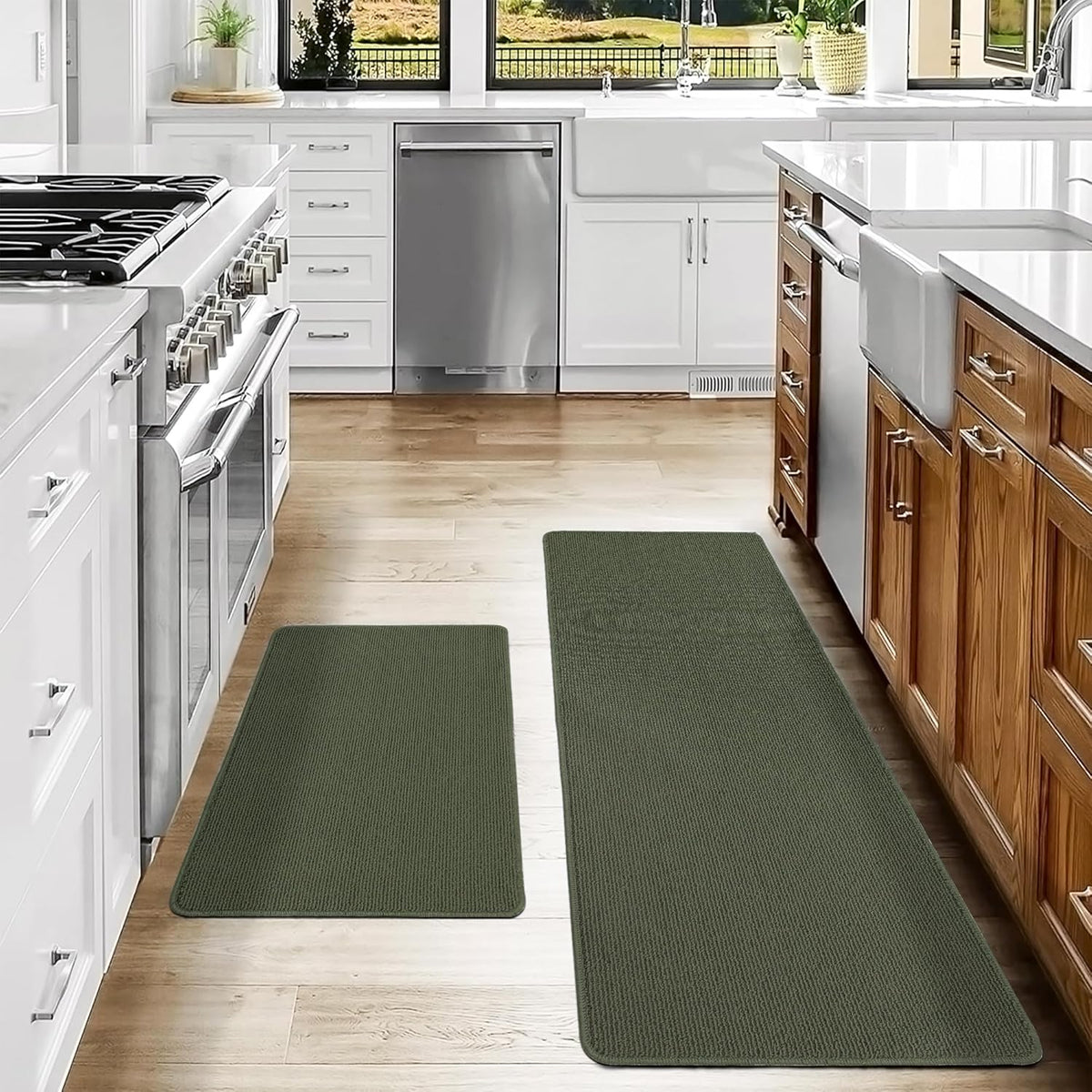COSY HOMEER 20x30 Inch/20X48 Inch Kitchen Rug Mats Made of 100% Polypropylene Strip TPR Backing 2 Pieces Soft Kitchen Mat Specialized in Anti Slippery and Machine Washable,Green
