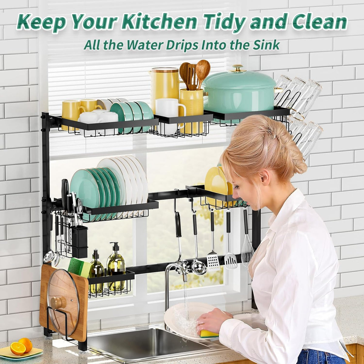 Over The Sink Dish Drying Rack,Expandable Length 3-Tier Large Stainless Steel Over The Sink Dish Rack with 6 Baskets, Utensil Holder Dish Drainers for Kitchen Counter