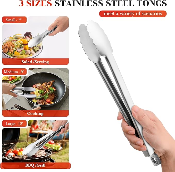 Kitchen Tongs for Cooking - 7 Inch & 9 Inch & 12 Inch Heat Resistant Stainless Steel Metal Locking Tong, BBQ Tongs Grill Tong for Cooking, Grilling, BBQ/Barbecue, Food (7+9+12 inch)