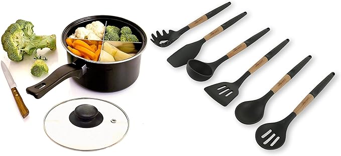 6 Pcs Cookward Silicone Cooking Utensils Set-Natural Wood Kitchen Utensils – Eco Friendly & BPA Free, Non-Scratch & Non-Stick Easy Grip -Dark gray