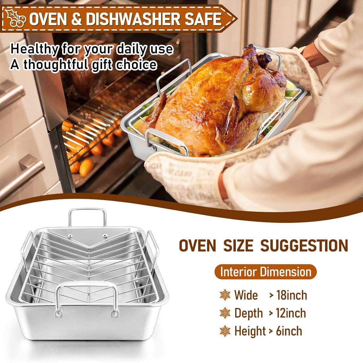 Roasting Pan with Rack for Turkey Chicken, Joyfair Stainless Steel Roaster Pan and V-rack for Toaster Oven, Rectangular Bakeware with Sturdy Handles, Heavy Duty & Dishwasher Safe (Small)