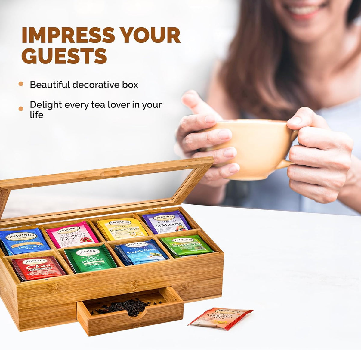 BAMBUSI Tea Bag Organizer - Bamboo Tea Box Storage with Drawer & Acrylic Window, Tea Organizer Holder, Tea Bag Holder, Tea Storage Box, Tea Box Organizer, Gift Idea for Home Kitchen (Tea Not Included)