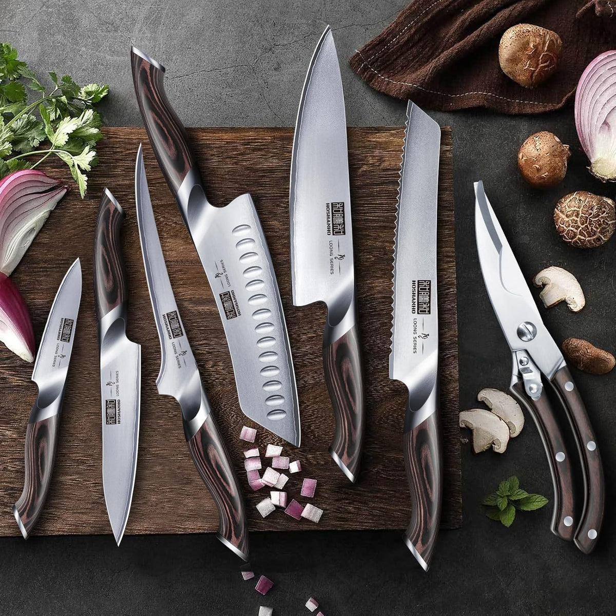 HOSHANHO 8-Piece Kitchen Knife Set, Japanese High Carbon Super Steel Knife Sets with Block, Professional Ultra Sharp Chef Knife Set with Scissors