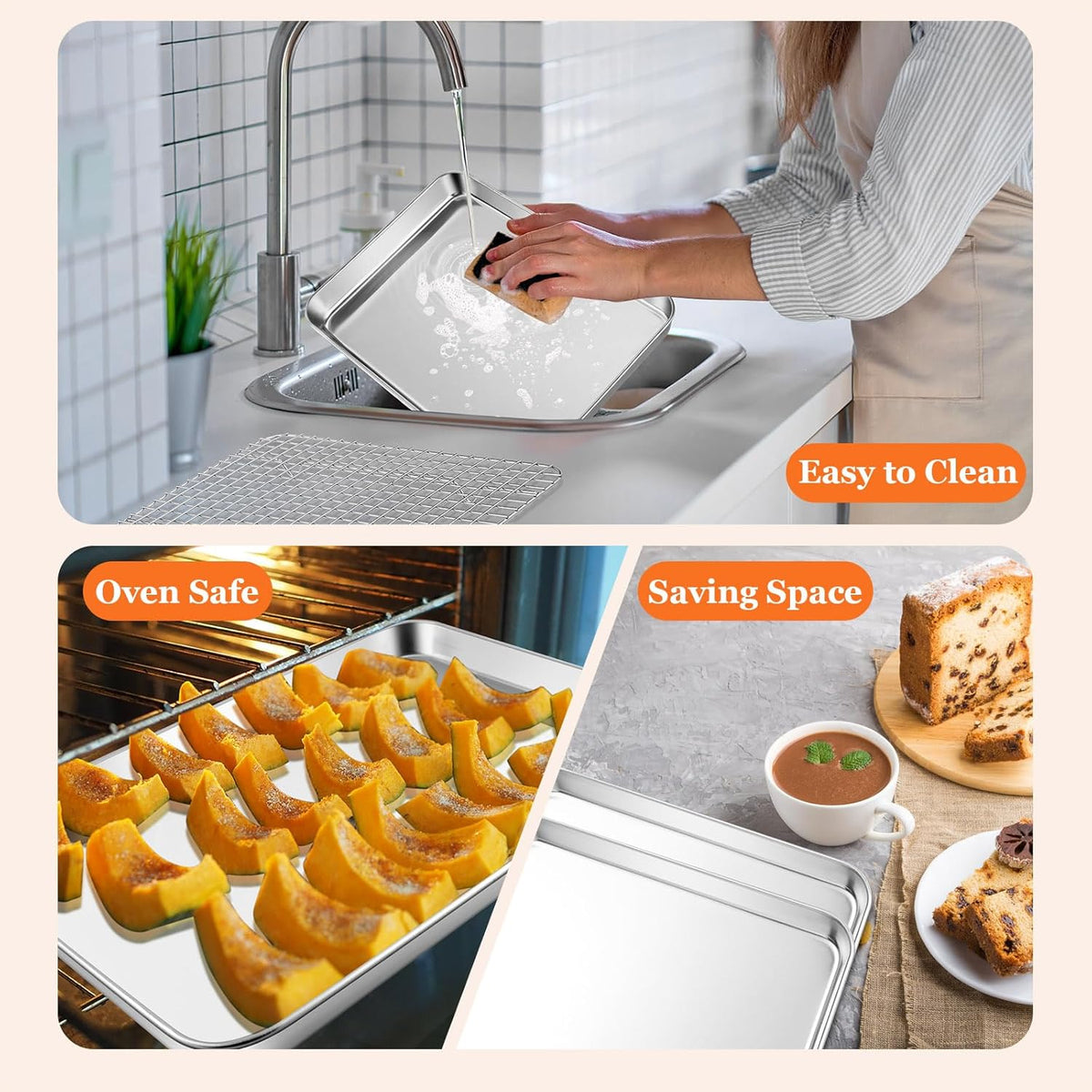 Quarter Sheet Pan with Cooling Rack, Leonyo 1/4 Cookie Sheets for Baking, Wire Rack for Cooking, Nonstick & Stainless Steel Baking Tray for Toaster Oven, Bacon - Size 12.5"x 9.7", 2 Trays + 2 Racks