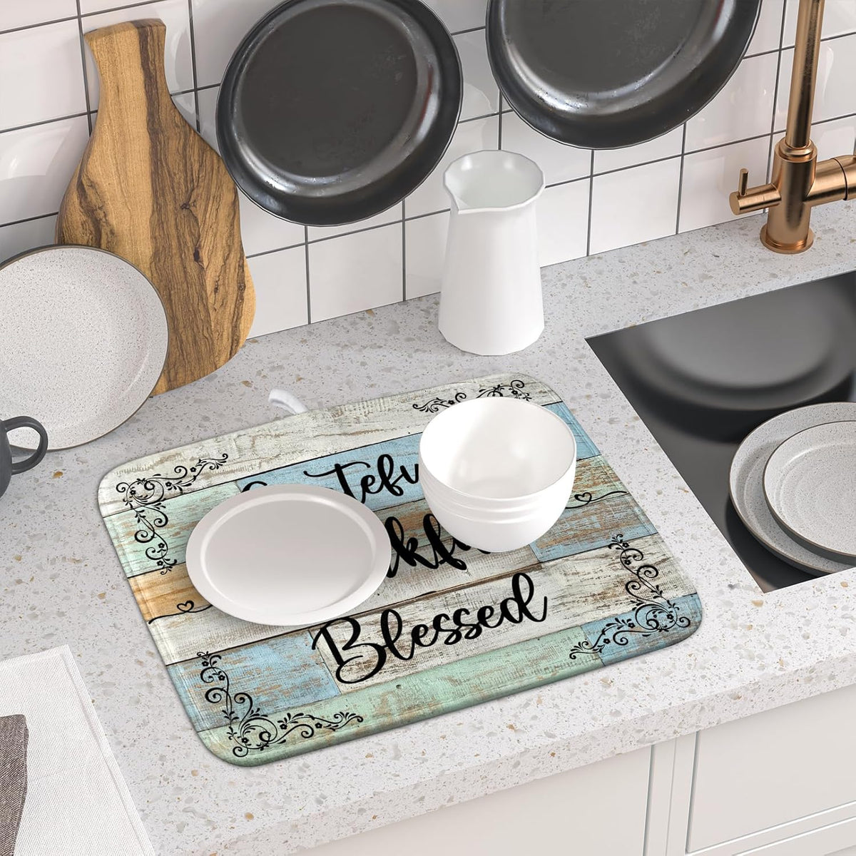 Rustic Wood Dish Drying Mat 16x18 Inch Grateful Thankful Blessed Kitchen Drainer Mats Absorbent Microfiber Rack Holder Countertop Pad