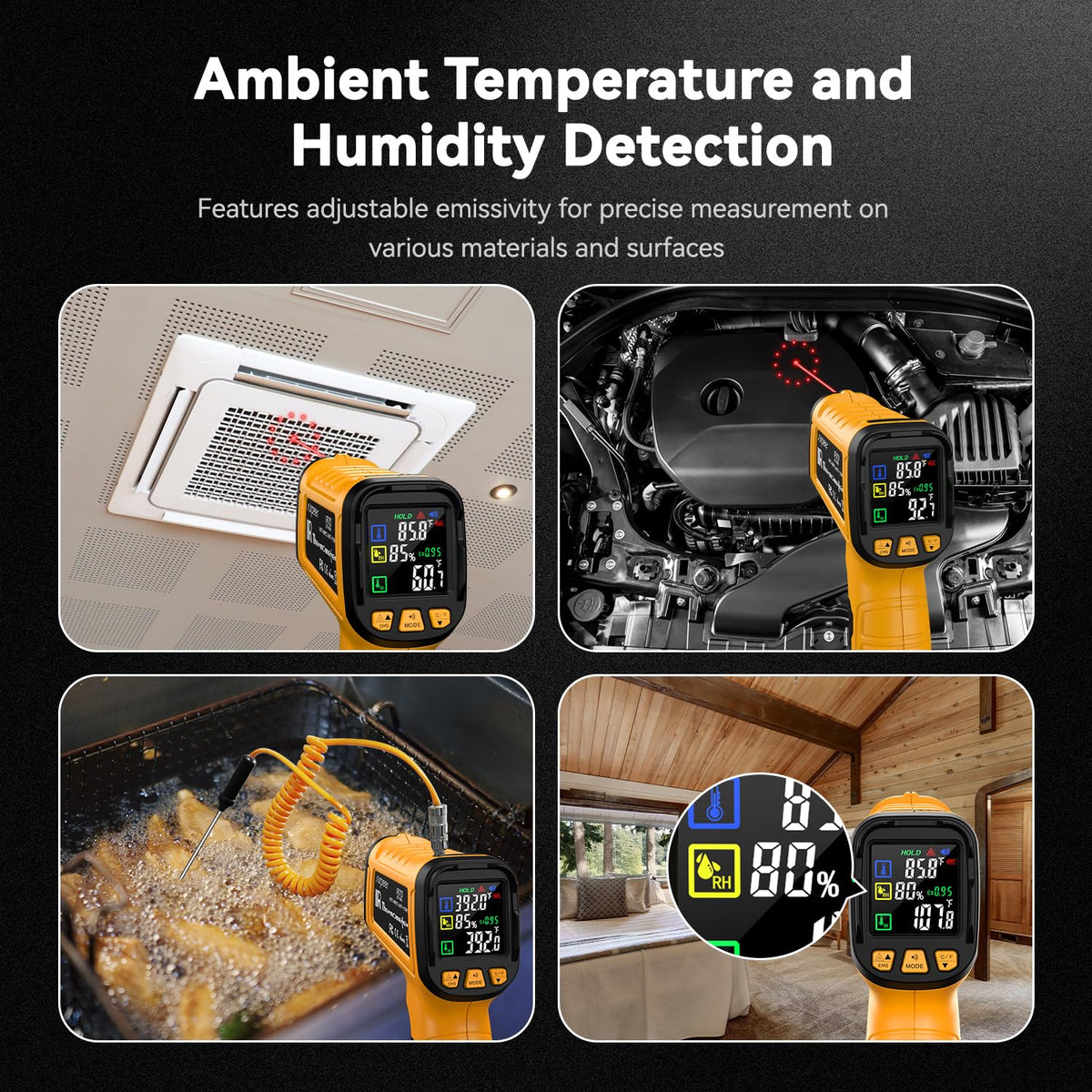 50:1 Infrared Thermometer IR Laser Gun, -58°F to 1796°F, Digital Temperature Gun/K-Type Probe -4°F to 932°F & Humidity Sensor for Cooking, Pizza Oven BBQ HVAC Home-Industrial Use