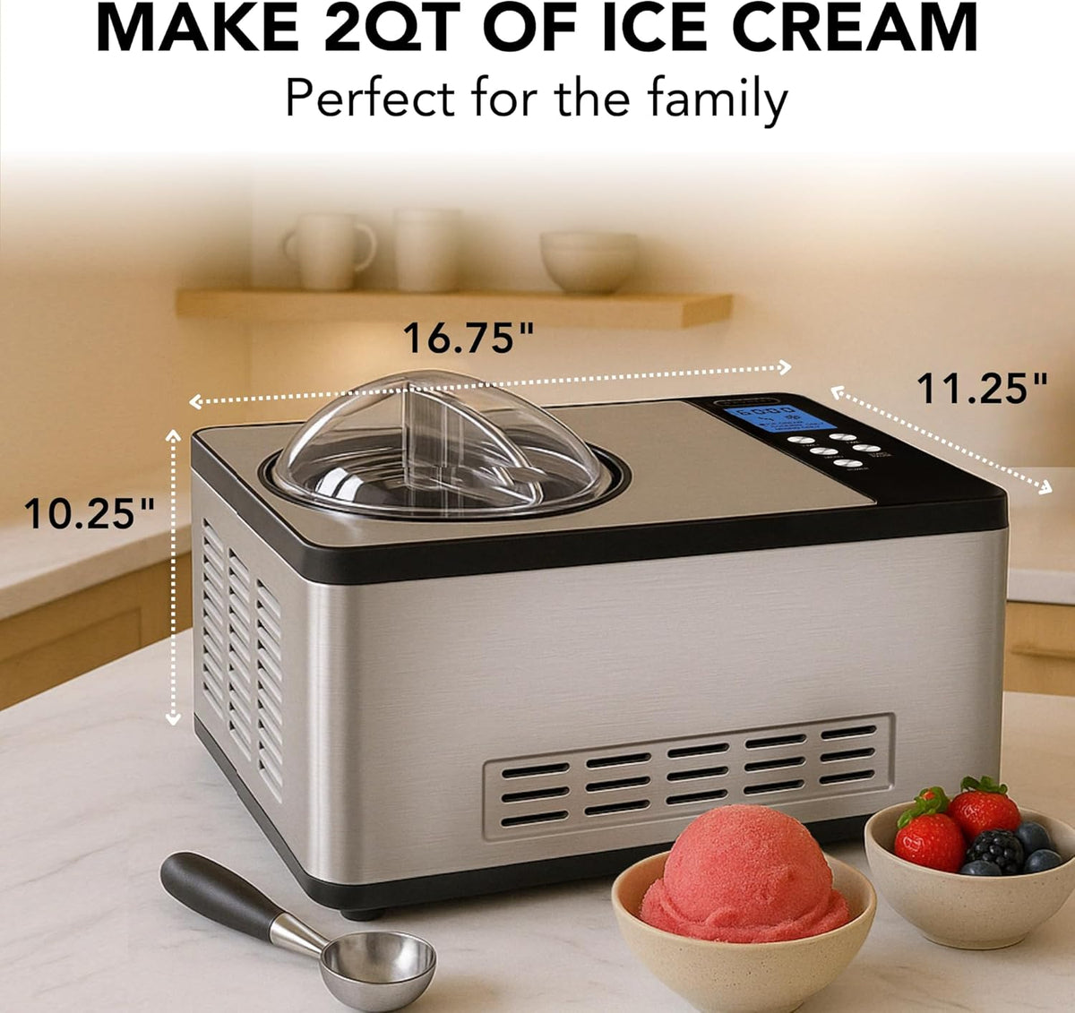 Whynter Ice Cream Maker Machine Automatic 2.1 Qt. with Built-In Compressor, LCD Digital Display & Timer, No Pre-Freezing, ICM-200LS, Stainless Steel