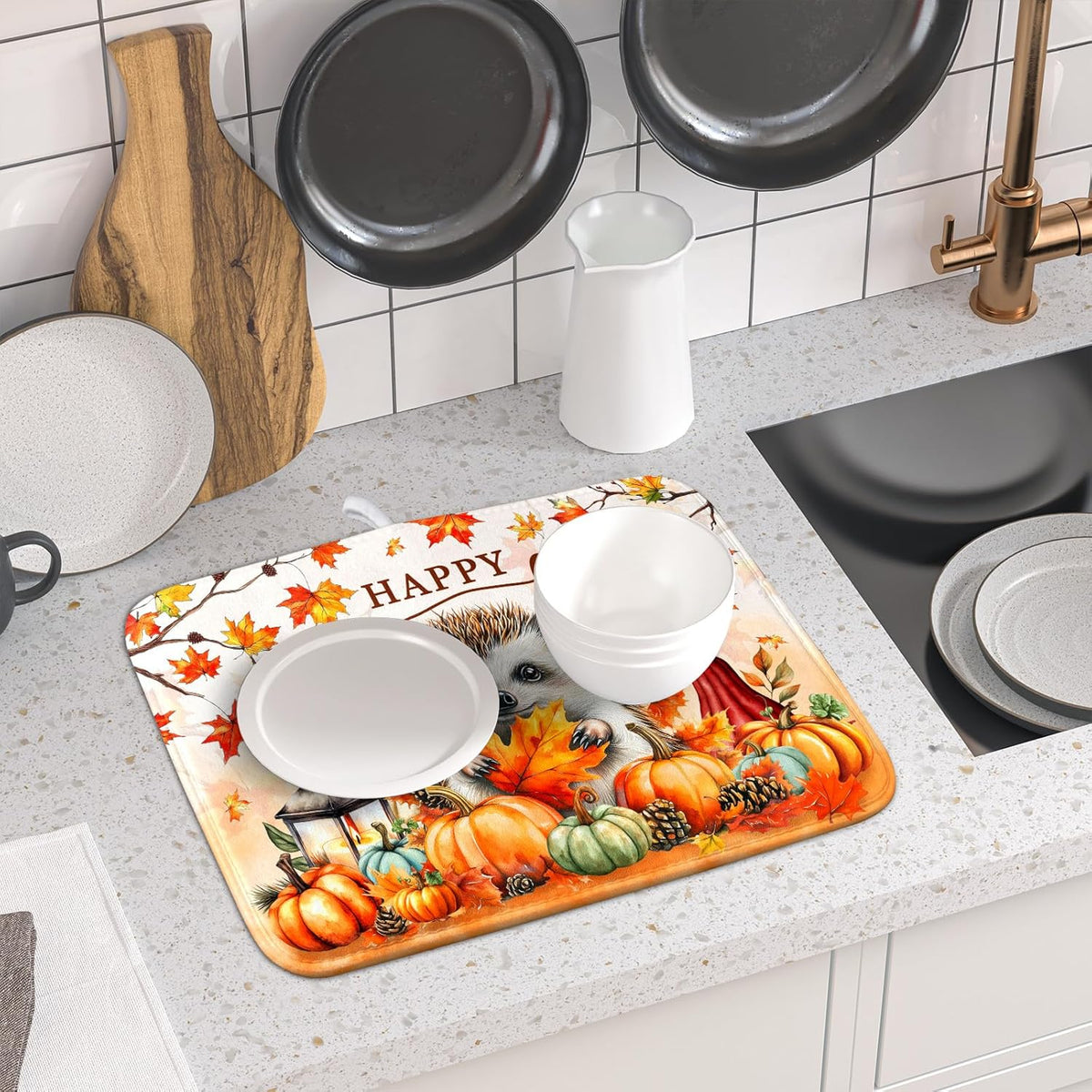 Happy Fall Dish Drying Mat - Cute Hedgehog Absorbent Drying Pad for Kitchen Counter