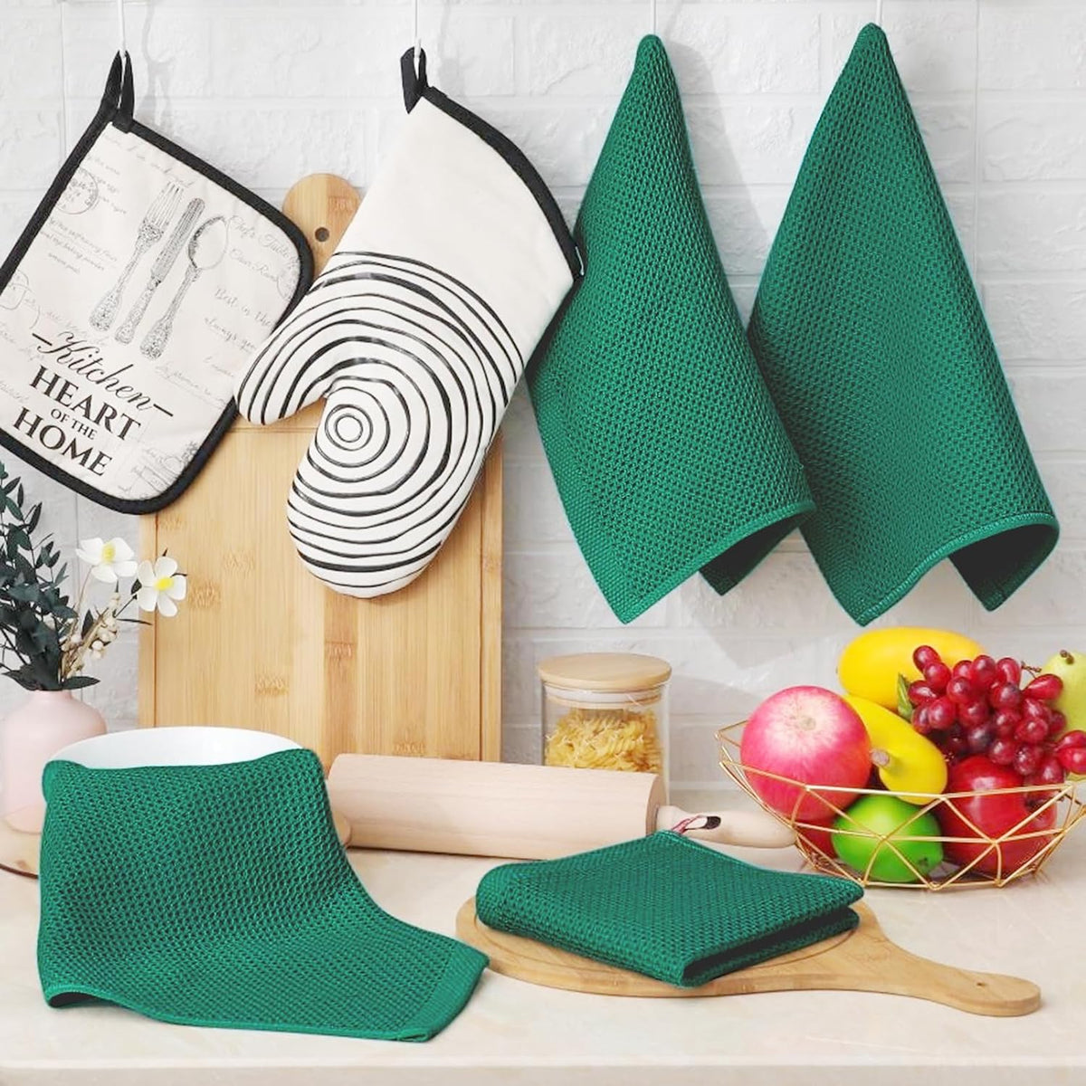 Homaxy 100% Cotton Waffle Weave Kitchen Dish Cloths, Ultra Soft Absorbent Quick Drying Dish Towels, 12 x 12 Inches, 8-Pack, Dark Green