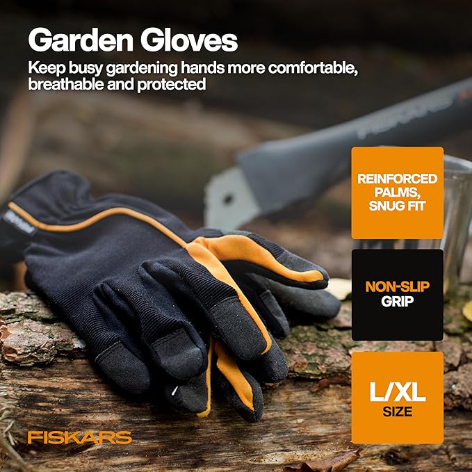 Fiskars Vegetable Garden Tool Set with Vegetable Shears, Seed Sower, Trowel, Cultivator, Weeder, and L/XL Garden Gloves for Indoor or Outdoor Gardening (6 Piece Kit)
