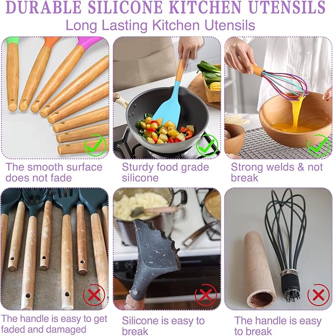 Umite Chef Kitchen Cooking Utensils Set, 33 pcs Non-stick Silicone Cooking Kitchen Utensils Spatula Set with Holder, Wooden Handle Silicone Kitchen Gadgets Utensil Set (Colorful)