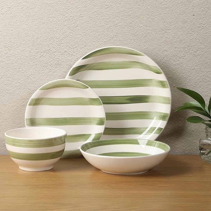 Gibson Home Kenwood Shores 16 Piece Dinnerware Set, Green Striped, Hand-Painted Stoneware, Plates and Bowls, Service for 4, Microwave & Dishwasher Safe