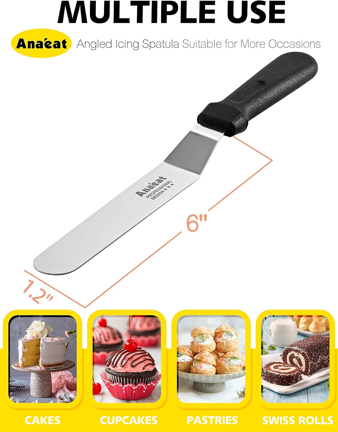 Anaeat Icing Spatula, Professional Cake Angled Offset Spatula with 6" Stainless Steel Blade - Thickened Frosting Knife with Durable Plastic Handle for Cake Decorating, Pastry & Baking