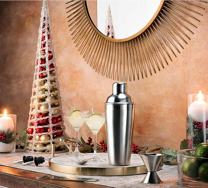 Cocktail Shaker Set 7-Piece, Bar Tools Stainless Steel Bartender Kit, with All Bar Accessories, Cocktail Strainer, Double Jigger, Bar Spoon, Bottle Opener, Pour Spouts