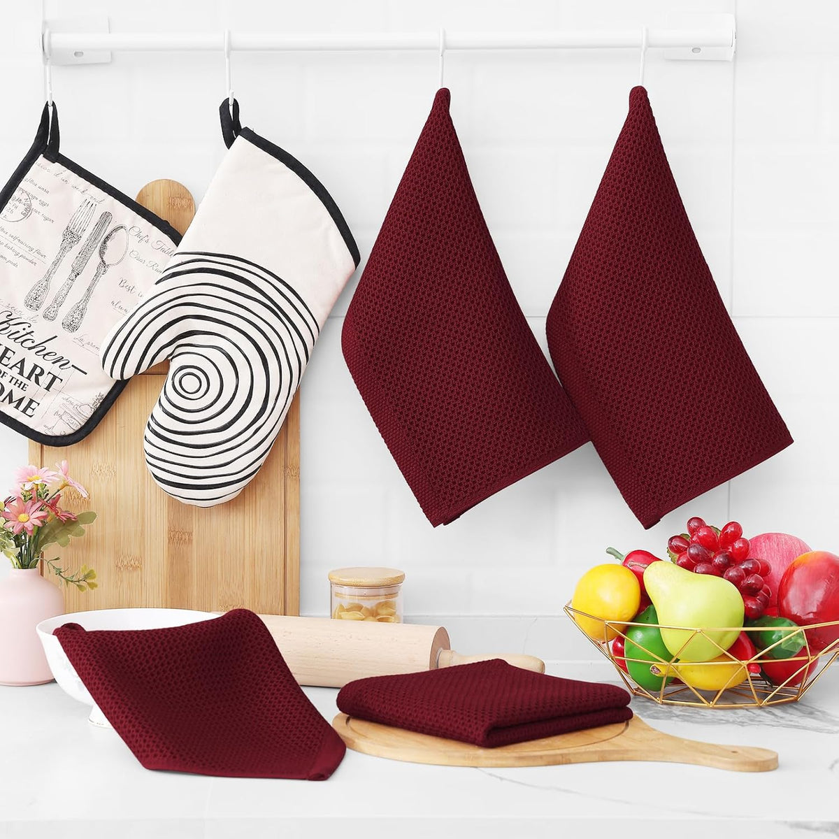 Homaxy 100% Cotton Waffle Weave Kitchen Dish Cloths, Ultra Soft Absorbent Quick Drying Dish Towels, 12 x 12 Inches, 6-Pack, Burgundy