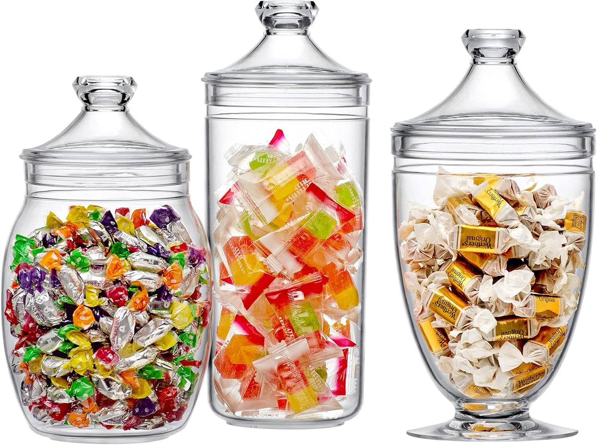Amazing Abby - Adore - Plastic Apothecary Jars (3-Piece Set, 52/46/46 oz), Acrylic Jars with Lids, Bathroom Canisters, Candy Buffet, Wedding Display, BPA-Free and Shatter-Proof (NOT Glass)