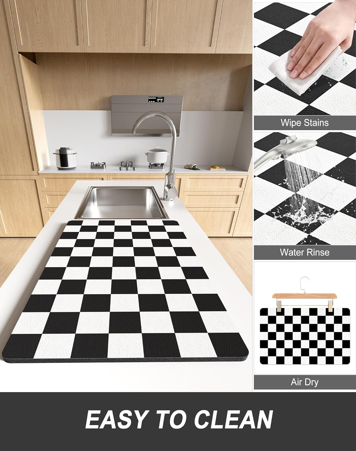 Rnivvi Dish Drying Mat for Kitchen Counter, XL 15 x 24" Cute Checkered Absorbent Draining Pad, Non-Slip Heat Resistant Coffee Bar Mat for Coffee Machine Station Accessories, Black White Dish Rack Pad