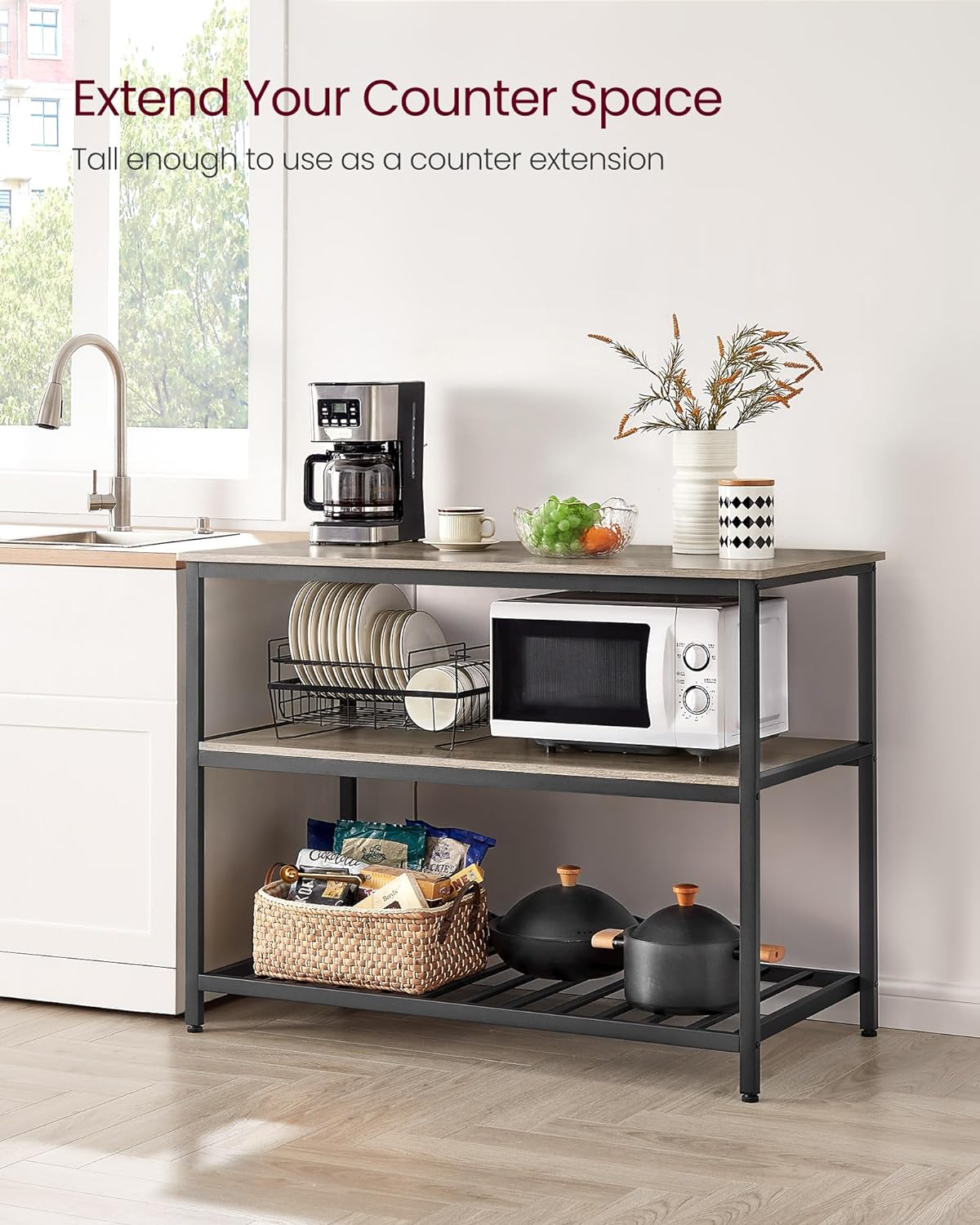 VASAGLE Kitchen Island with 3 Shelves, 47.2 Inches Width Kitchen Shelf with Large Worktop, Stable Steel Structure, Industrial, Easy to Assemble, Greige and Black UKKI001B02