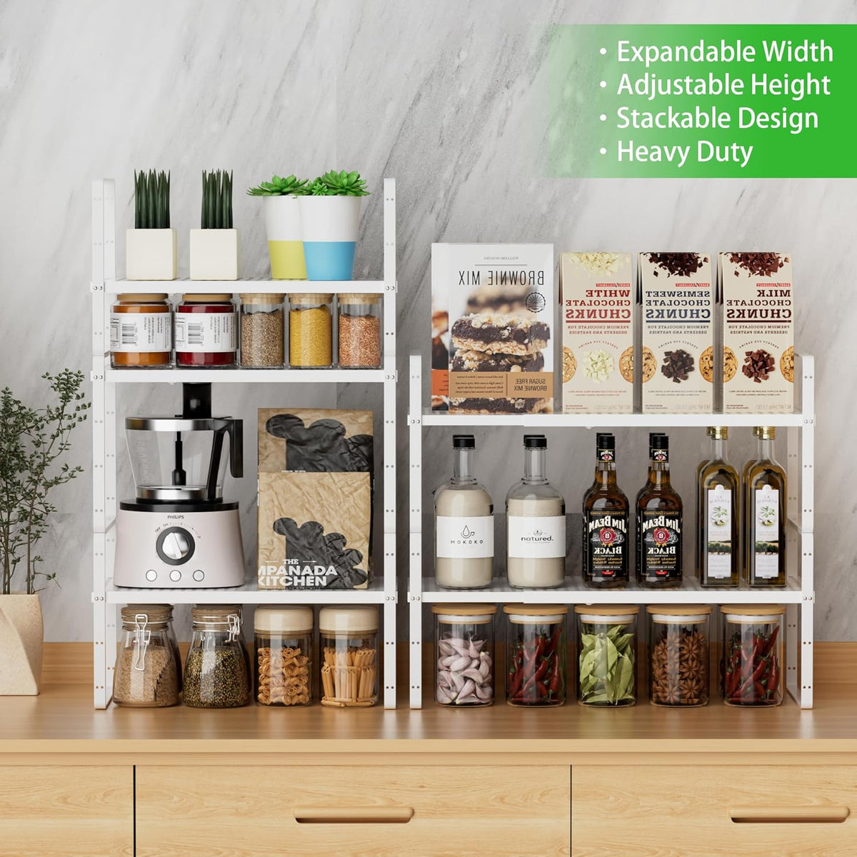 Expandable Cabinet Storage Shelf Stackable Organizer Rack for Kitchen Bathroom Pantry Spice Cupboard Coffee Countertop Home Office Desk Heavy Duty Nonslip White Small 1 Pack