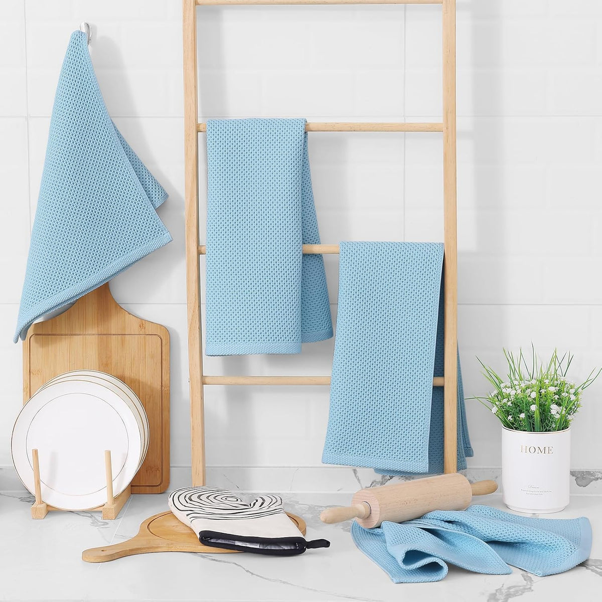 Homaxy 100% Cotton Waffle Weave Kitchen Dish Towels, Ultra Soft Absorbent Quick Drying Cleaning Towel, 13 x 28 Inches, 6-Pack, Sky Blue
