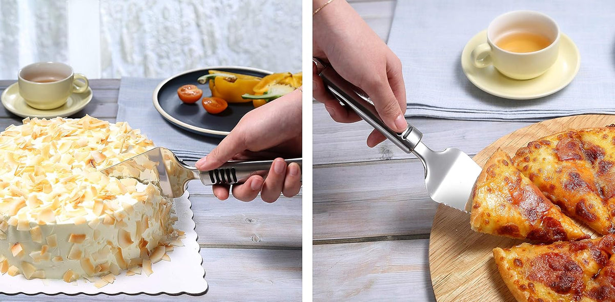 Pizza Cutter Set Stainless Steel Kitchen Gadget Set (6 PCS Set) - Includes Pizza Cutter Wheel, Chocolate & Cheese Grater, Serrated Pie & Cake Server, Garlic Press, Free Brush and Bonus Oven Mitt