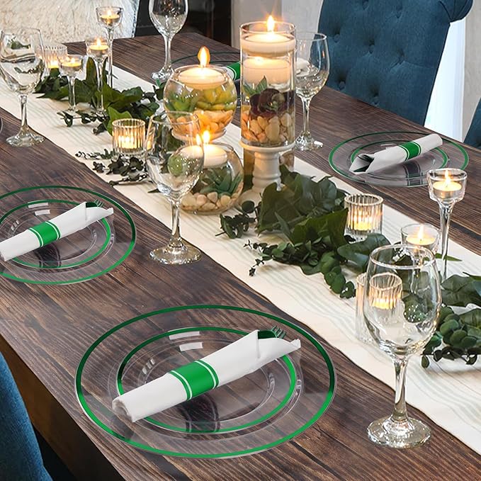 Goodluck 350 Piece Green Plastic Dinnerware Set for Party, Clear Disposable Plates for 50 Guests, Include: 50 Dinner Plates, 50 Dessert Plates, 50 Pre Rolled Napkins with Cutlery Set, 50 Cups