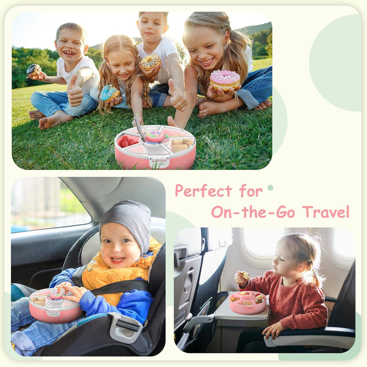 Kids Snack Spinner – Reusable Snack Container with 5 Compartments & Lid, BPA/PVC-Free, Dishwasher Safe, Perfect for Travel, School Lunches & On-the-Go Snacking, Pink