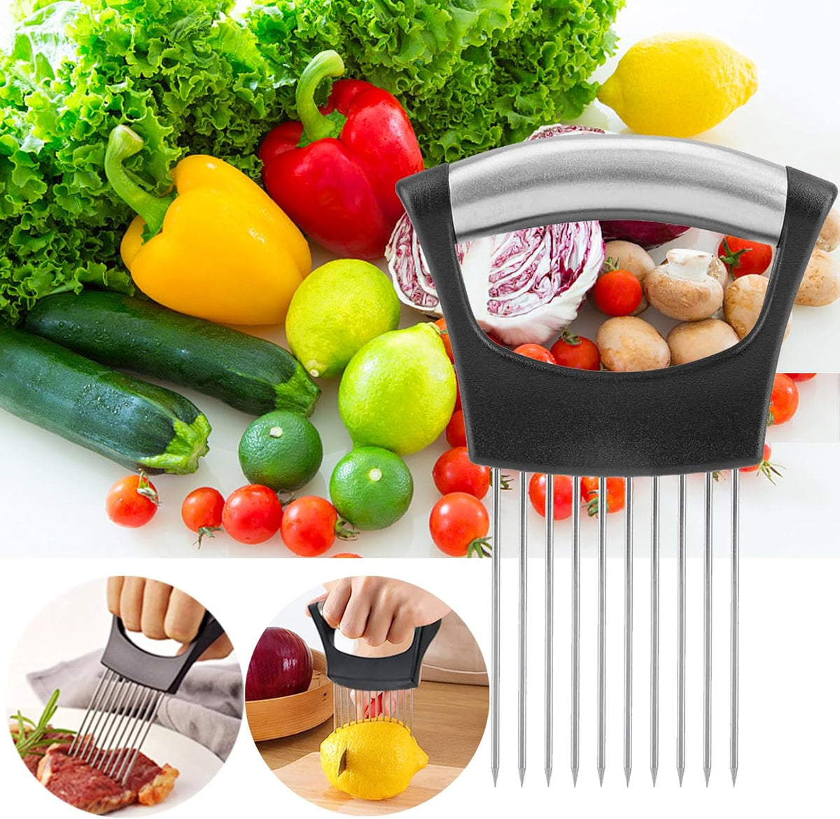 JAYVAR Onion Holder for Slicing, Onion Cutter Vegetable Chopper, Stainless Steel Tomato Slicer Vegetable Cutter for Potato, Avocados, Eggs, Food Slicer Assistant Tool for Fruit Lemon and Meat