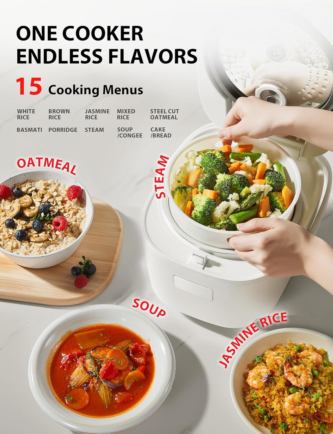 TOSHIBA Umami Smart Rice Cooker 5.5-Cup Uncooked, Fuzzy Logic, 15-in-1 Functions, Digital Display, Delay Timer, Keep Warm, Nonstick Inner Pot, White