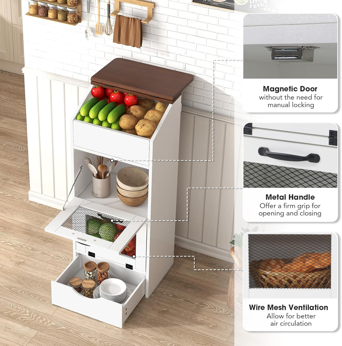 Patiorama Wood Potato and Onion Storage Bin Box with Lid, 4-Tier Farmhouse Wooden Bread Box Cabinet with 2 Mesh Doors & Rolling Drawer, Large Vegetable Storage Bin Organizer for Kitchen Pantry White