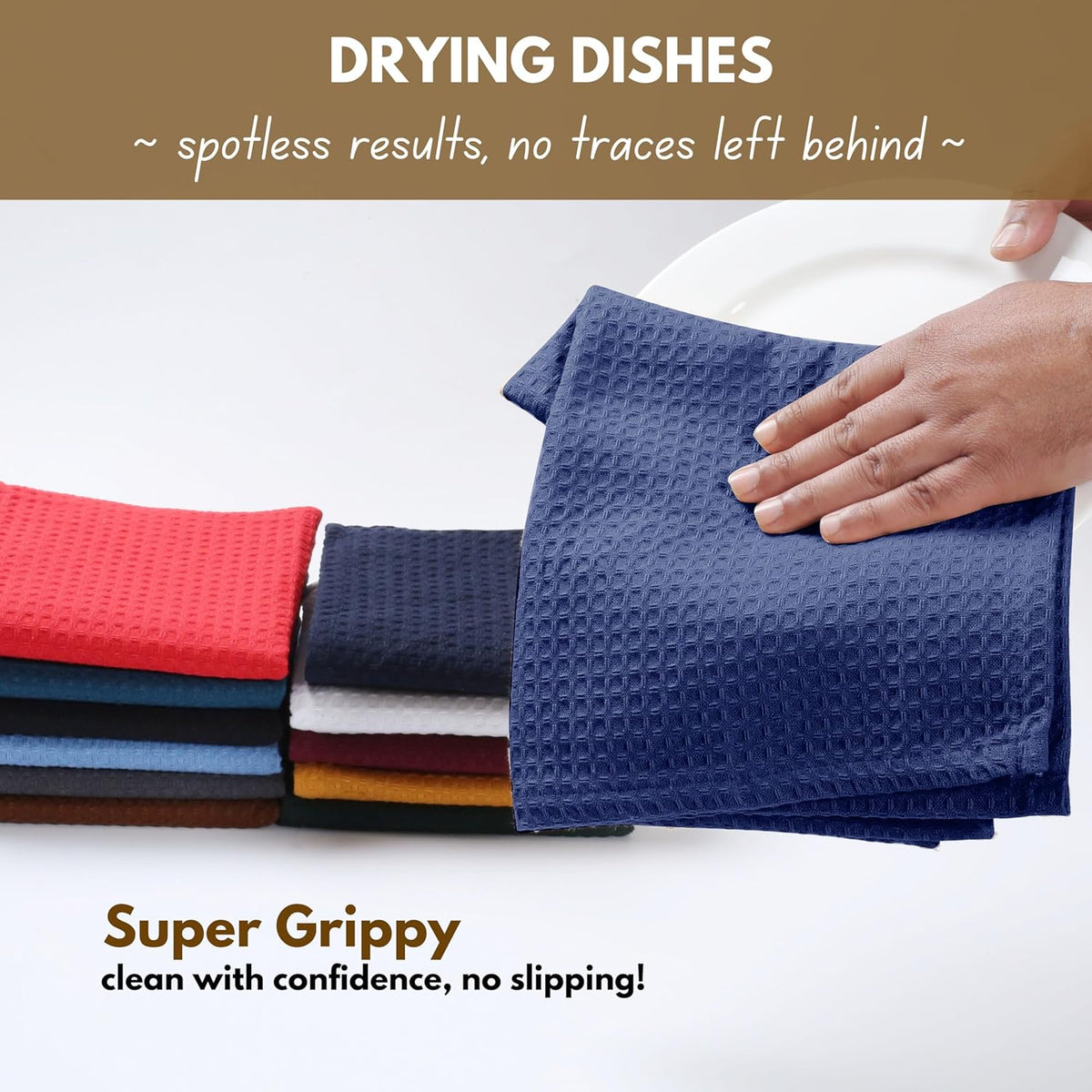 Native Fab Waffle Kitchen Towels - 12 Pack, 100% Cotton Soft, Absorbent, Durable, Washable Dish Towels, Quick Drying, Dishcloths for Cleaning, Cooking, Everyday Kitchen Tasks, 16x26 inches - Ink Blue