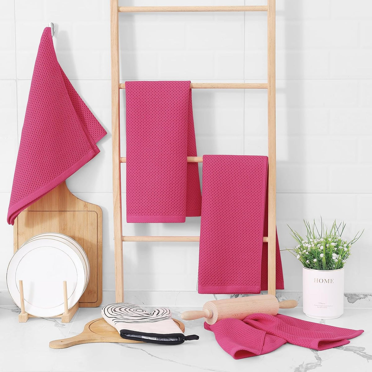 Homaxy 100% Cotton Waffle Weave Kitchen Dish Towels, Ultra Soft Absorbent Quick Drying Cleaning Towel, 13 x 28 Inches, 12-Pack, Hot Pink