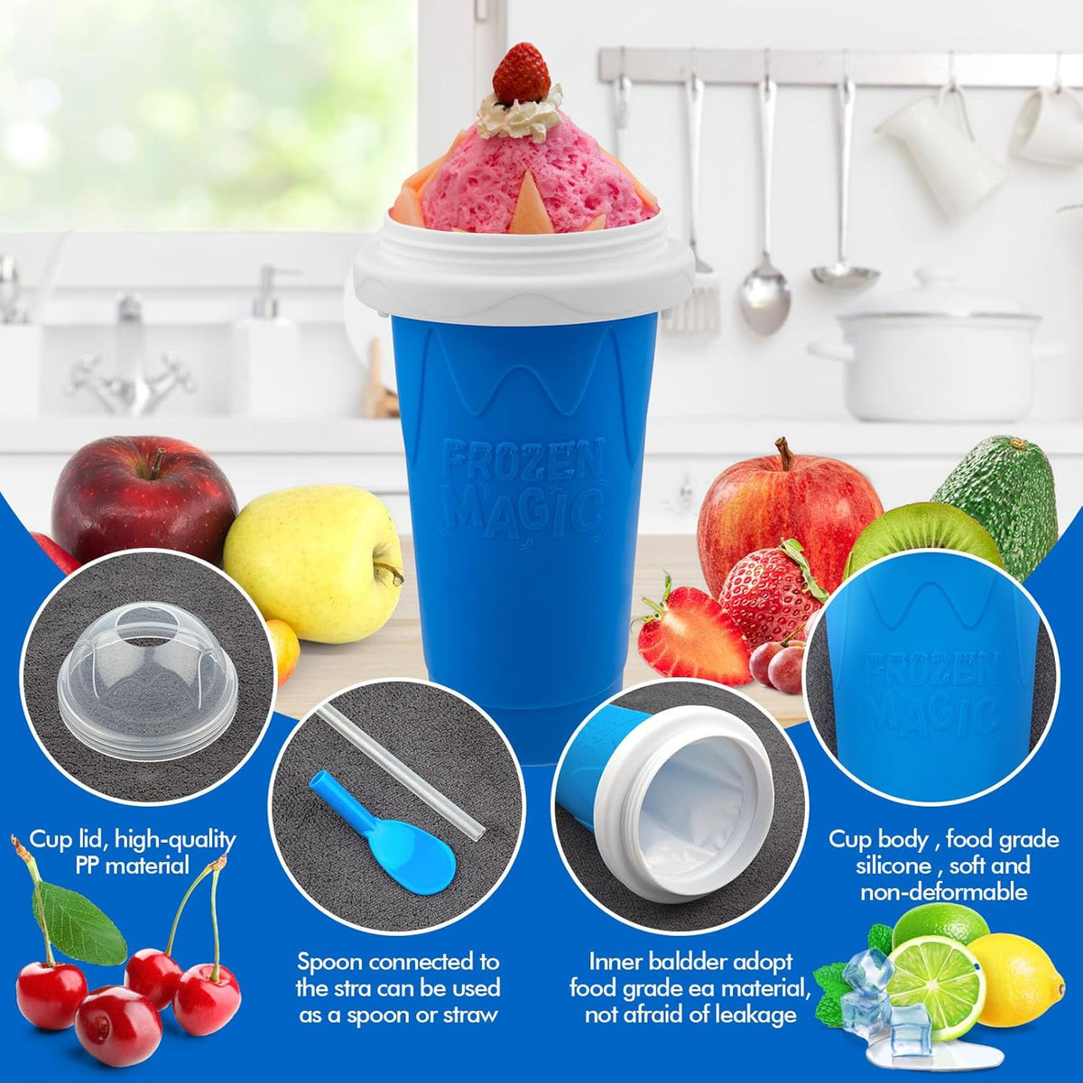 Slushie Maker Cup, Quick Frozen Magic Cups for Homemade Milk Shake Ice Cream Maker, Double Layer Squeeze Slushy Maker Cup, Birthday Gifts for Kids,Friends,Family (Bule)