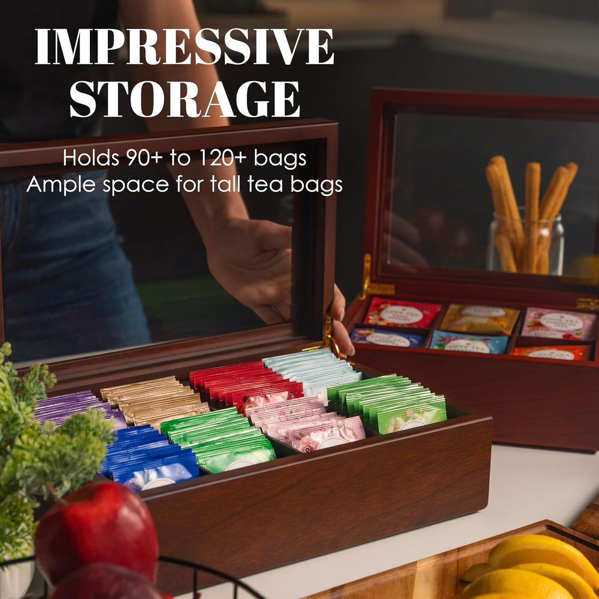 Tea Box - Luxury Wooden Tea Bag Organizer from The Apace Premier Collection - 8 Compartment Tea Storage Chest Container - Elegantly Handmade w/Scratch Resistant Window