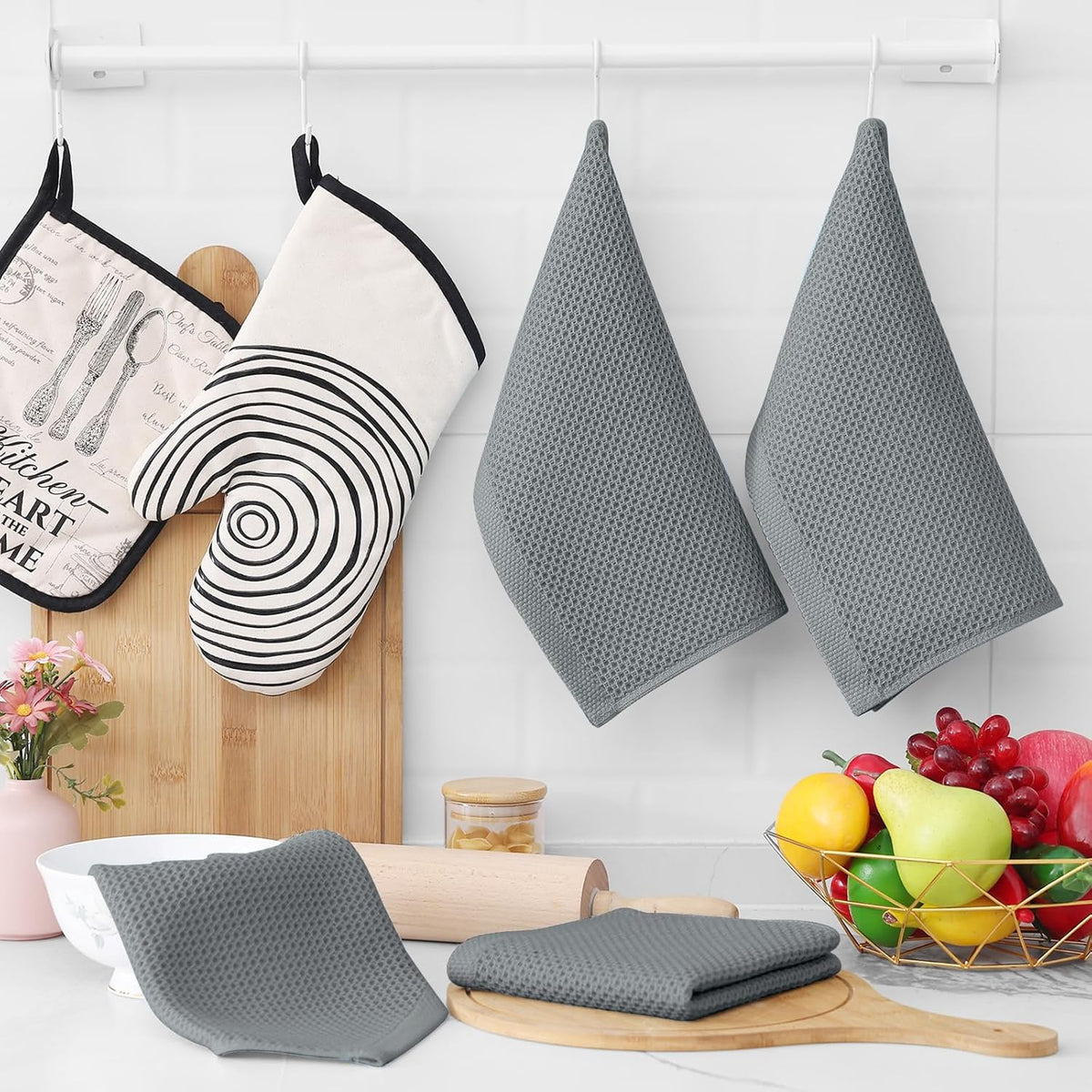 Homaxy 100% Cotton Waffle Weave Kitchen Dish Cloths, Ultra Soft Absorbent Quick Drying Dish Towels, 12 x 12 Inches, 12-Pack, Grey