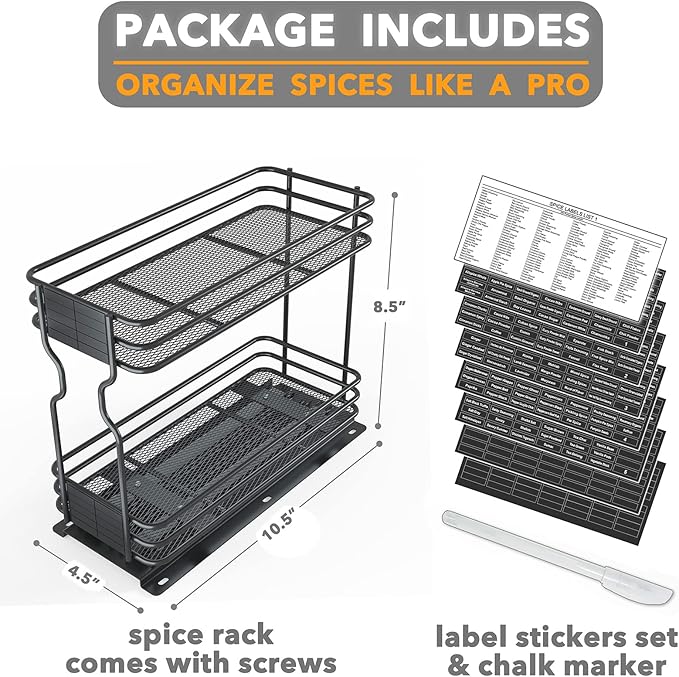 SpaceAid Pull Out Spice Rack Organizer for Cabinet, Heavy Duty Slide Out Seasoning Kitchen Organizer, Cabinet Organizer, with Labels, 4.5" W x10.75 D x8.5 H, 1 Drawer 2-Tier