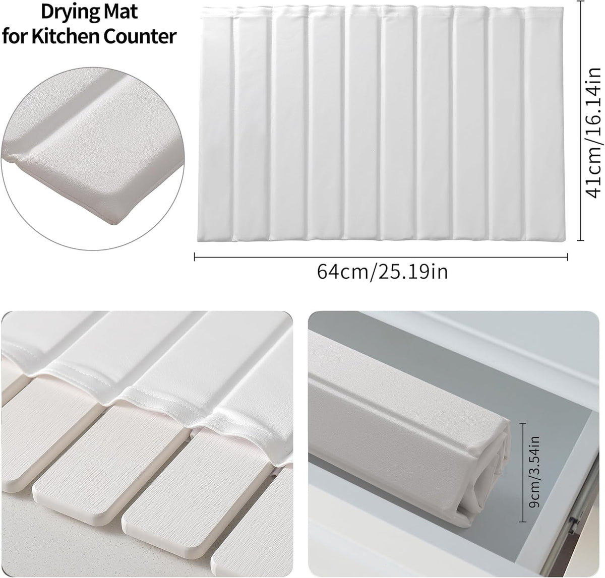 Stone Drying Mat for Kitchen Counter, Collapsible Diatomaceous Earth Dish Drying Mats, Supe Absorbent Quick Dry Stone Mat Kitchen,PU Leather Surface Removable and washable (White, 23.6”x15.4”)