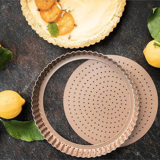HAPPIELS Nonstick 9 Inch Tart Pan with Removable Bottom | PFOA & BPA Free Non Toxic Fluted Pie & Quiche Tin | Best Perforated Non Stick Nontoxic 9in Molds with Holes for Baking