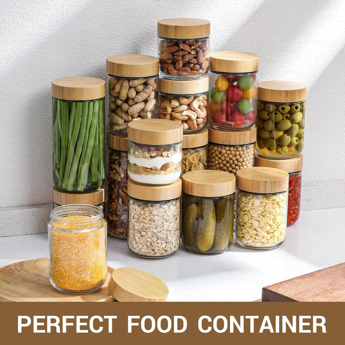 NETANY 4-pack 10oz Glass jars with Airtight Lids, Overnight Oats Containers with Bamboo Lids, Wide mouth Mason Salad jars, Glass Food Storage Containers for Snacks Yogurt Spice Sugar