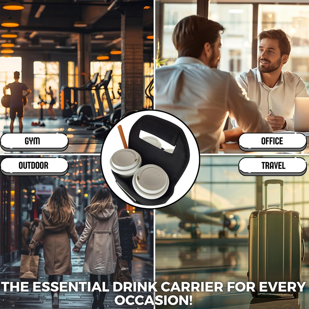 Insulated Reusable 4-Cup Drink Carrier with Adjustable dividers, Money Pocket, Straw Slot and Handle. Ideal for delivery, Takeout, Travel, and Outdoor use