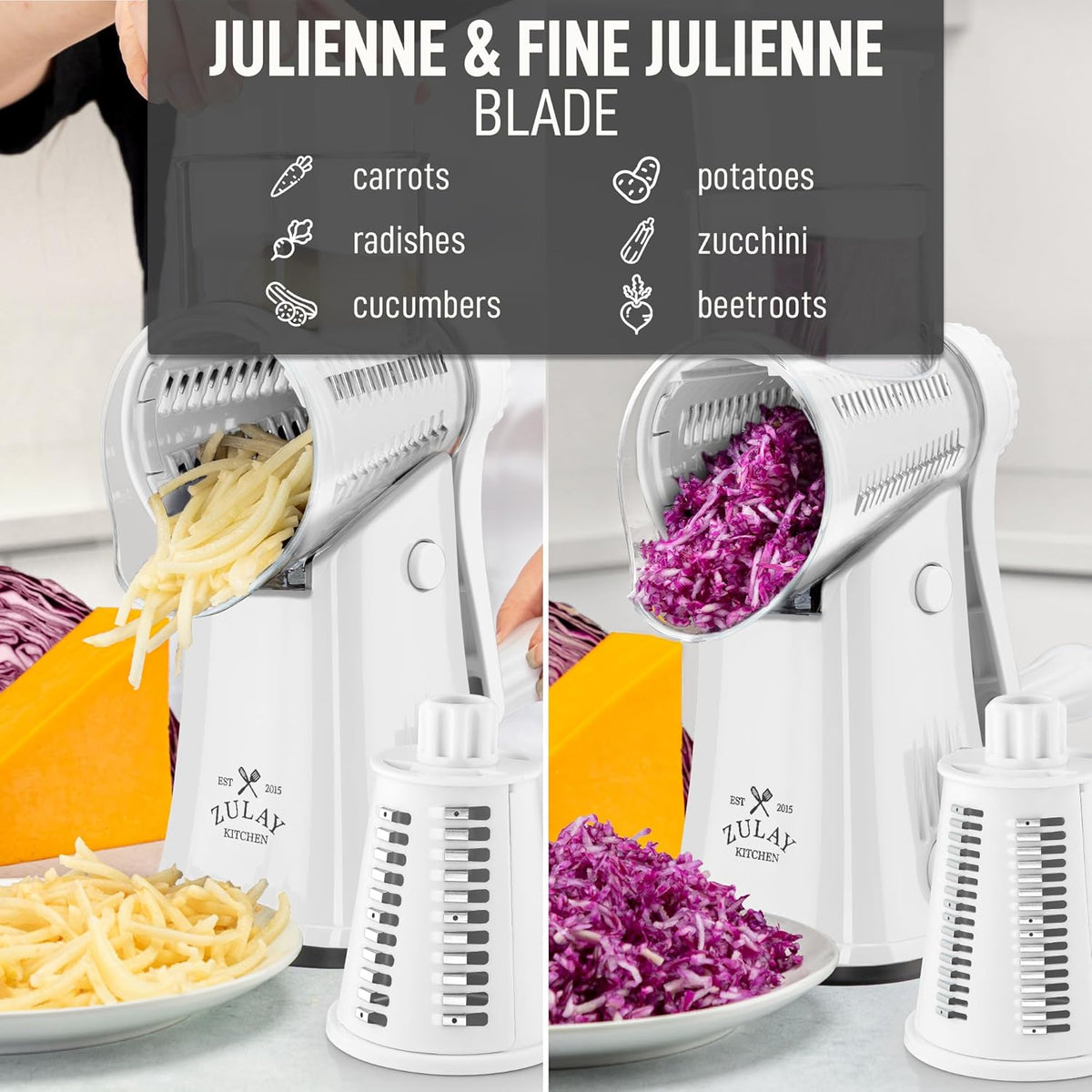 Zulay Kitchen Rotary Cheese Grater 5 Blade Cheese Shredder - Manual Hand Crank Cheese Grater With Reinforced Suction & 5 Interchangeable Drums - Easy to Use, Vegetable Chopper Round Mandoline Slicer