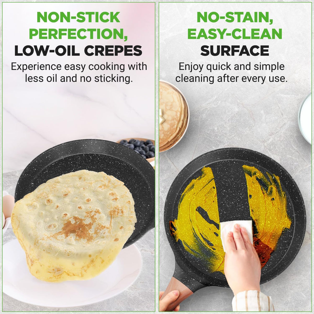 NutriChef 9.45” Non-Stick Crepe Pan with Wooden Spreader, Durable Marble Coated Dosa Pan, Bakelite Handle and Induction Bottom, PFOA/PFOS Free, Dishwasher Safe, Even Heat Distribution (Black Marble)