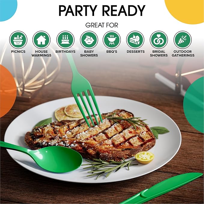 Party Solids Emerald Green Plastic Silverware Heavy Duty 300 Pcs Green Plastic Cutlery Sets, Utensil Sets, 100 Of Each Forks, Knives & Spoons Disposable Cutlery Set, Flatware Set For Party Supplies