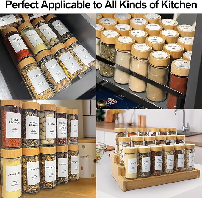 AISIPRIN Glass Spice Jars with 398 Labels-4oz 24 Pcs,Round Seasoning Jars with Bamboo Airtight Lids,Spice Container Set -Shaker Lids, Funnel,Brush and Marker Included