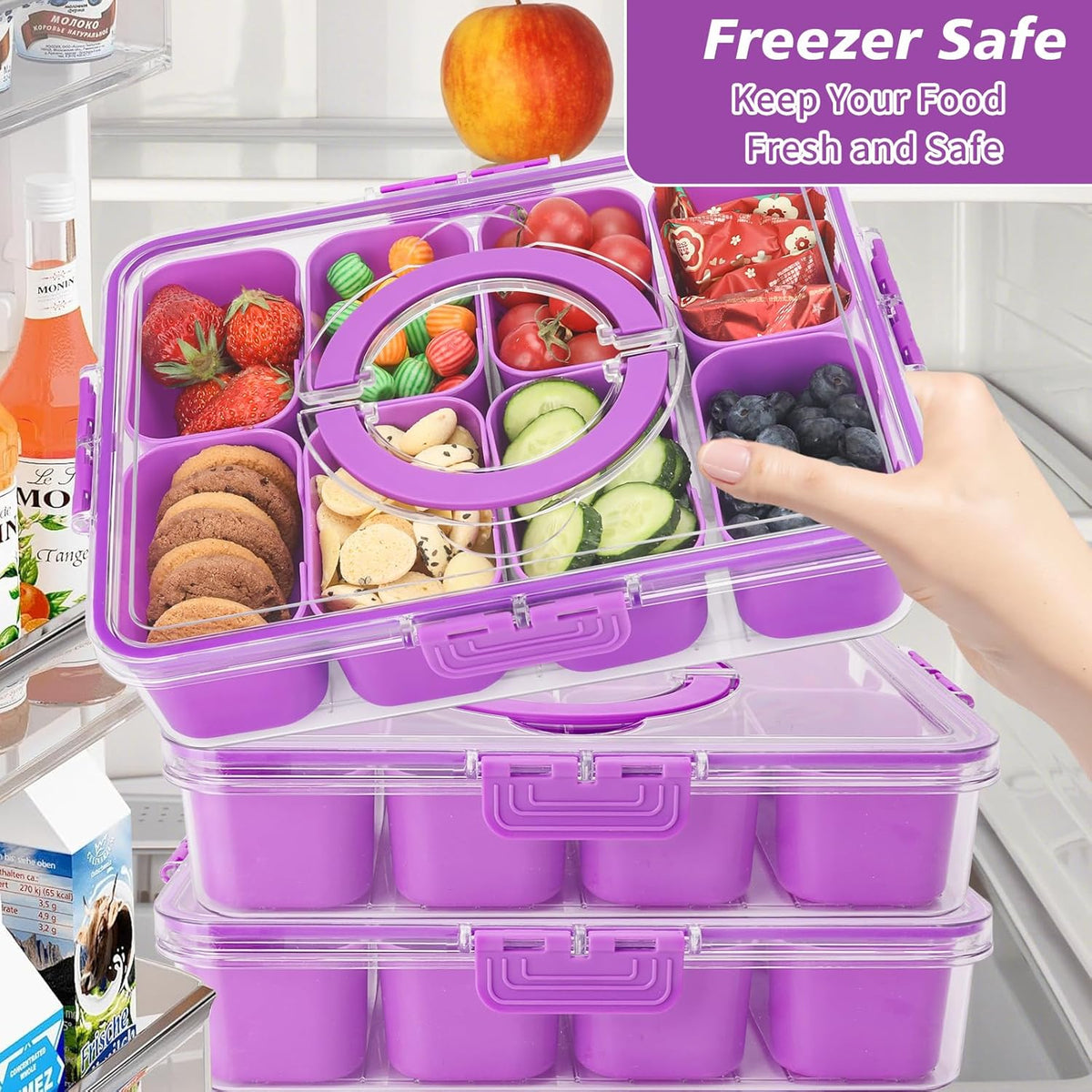 shopwithgreen 2Pcs Snackle Box Container, Divided Serving Tray with Lid and Handle, Snack Box Container Food Platter Charcuterie for Party, Veggies, Snack, Fruit, Nuts, Entertaining, Picnic,Purple